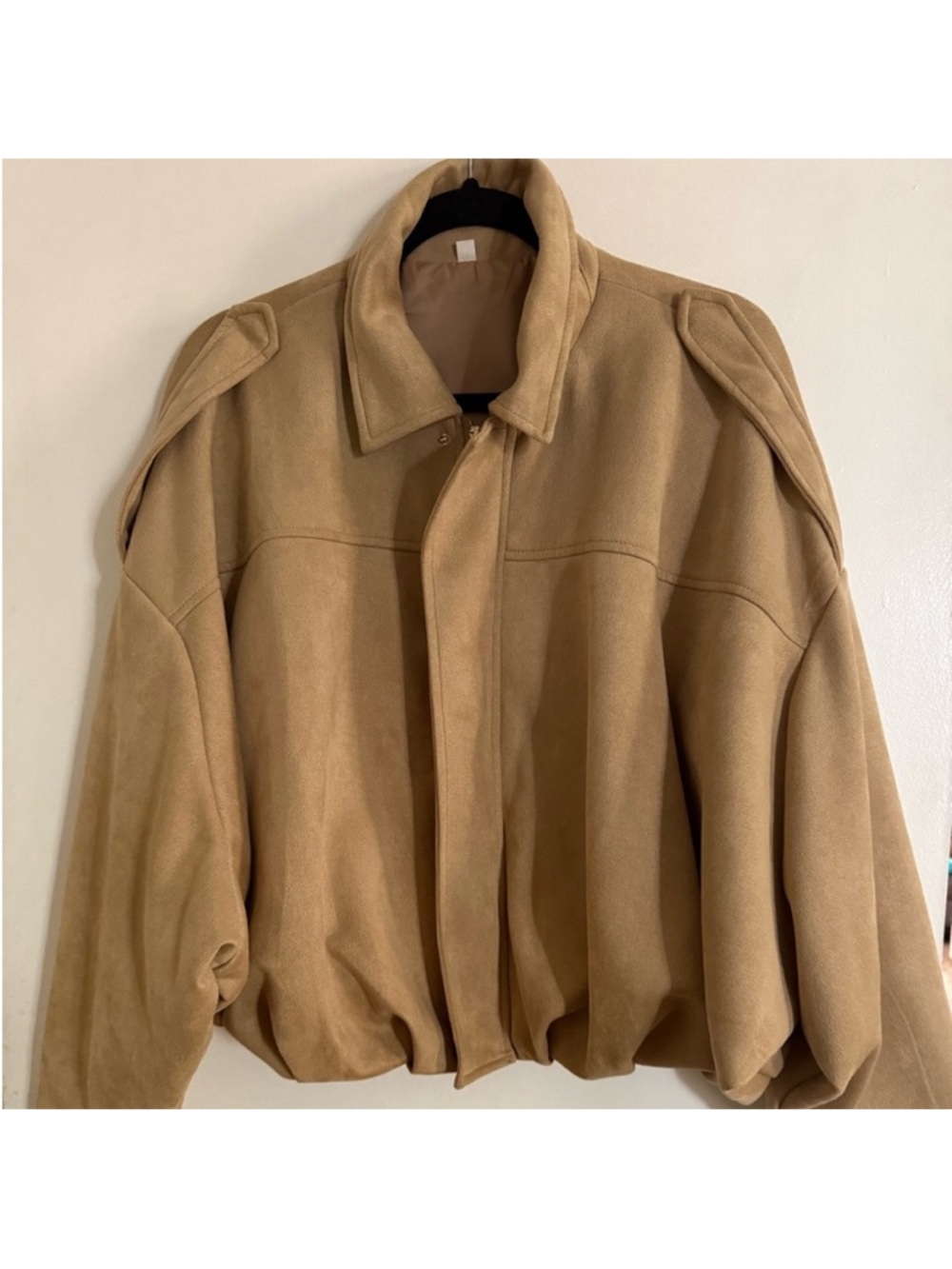 Faux Suede-effect Bomber Jacket - Tan. Size Medium. Bubble Hem.